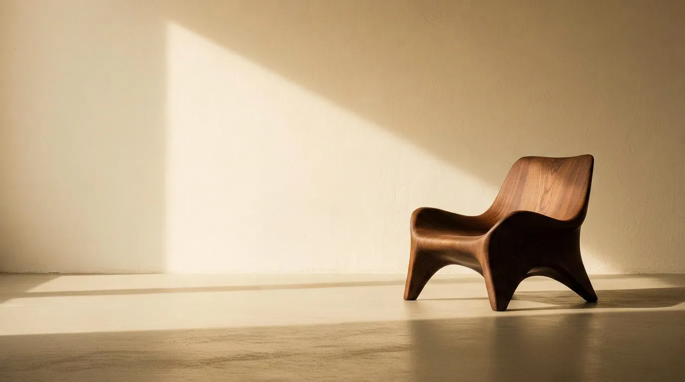 Hand-carved sculptural walnut lounge chair in a sunlit atelier
